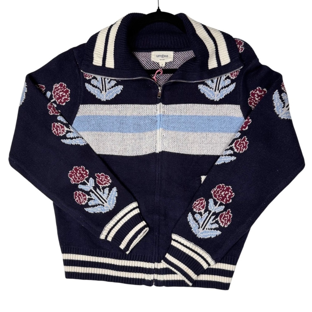Umgee Knit Zip Up Jacket | NWT | Floral Boho | Midnight Navy | Sizes S M L - Picture 2 of 12